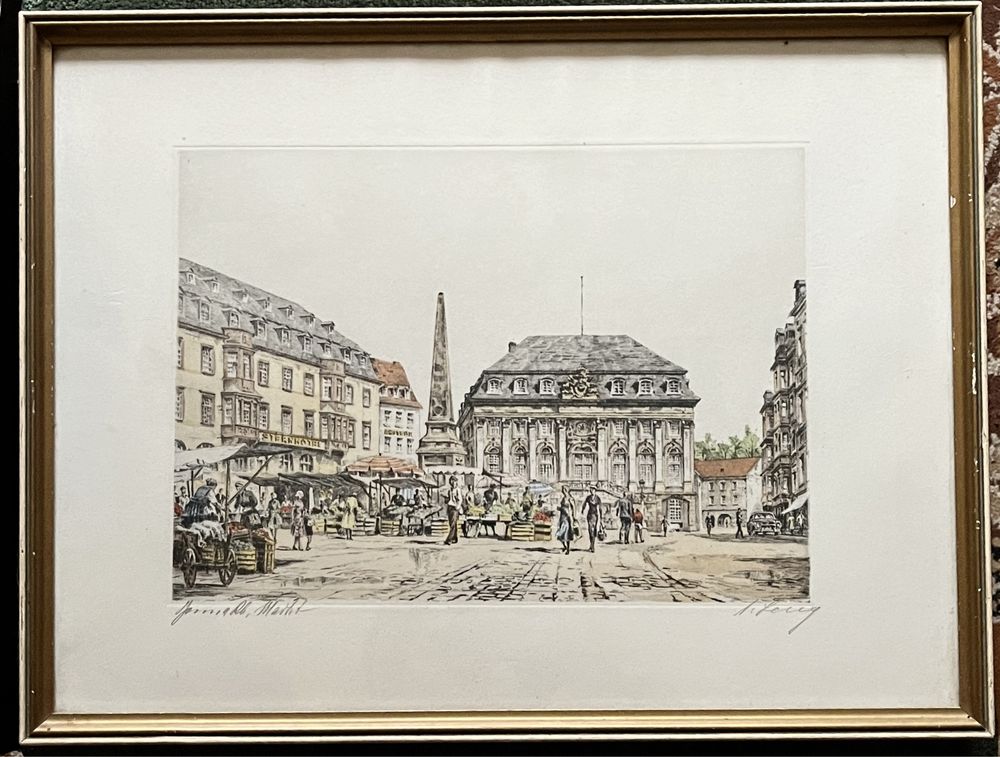 Duża akwaforta kolorowana - jarmark - Galeria Hagen Bonn M. Frey