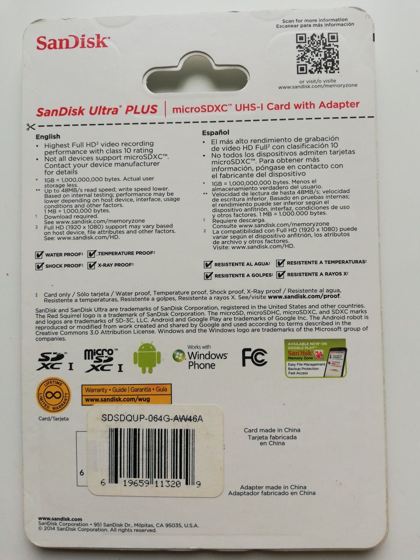 Karta pamięci Sandisk Ultra Plus microSDXC nowa z USA 64GB