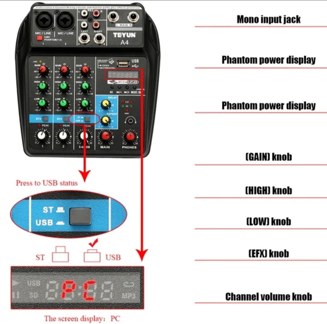 Mesa Consola Mixer Teyun TU-04 4 canais como nova!