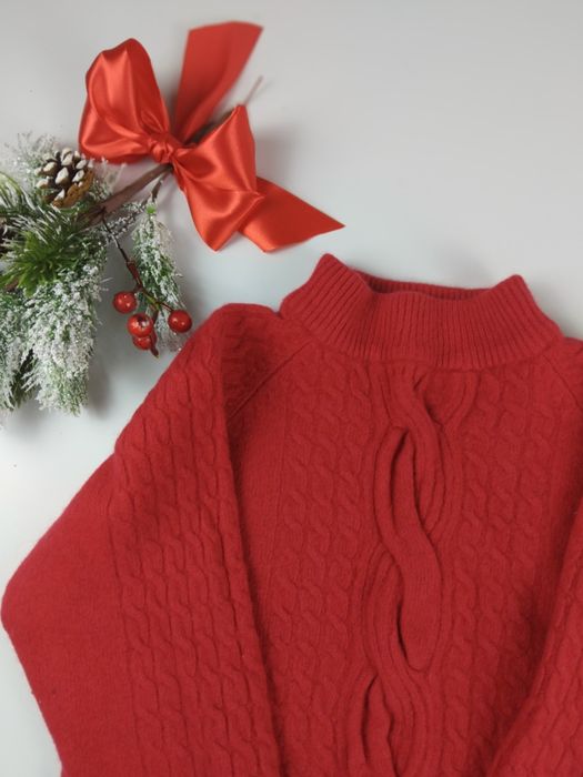 Wełniany sweter czerwony wełna angora golf ciepły sweterek splot gruby