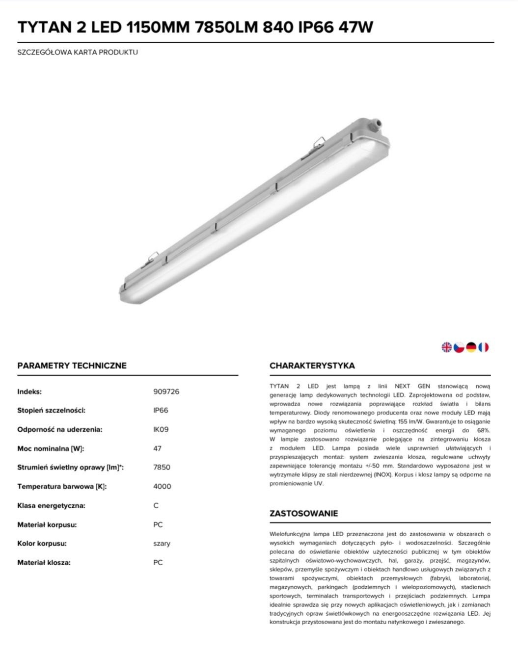 Lampa Tytan 2 LED 1150mm 7850lm 840 IP66 47W