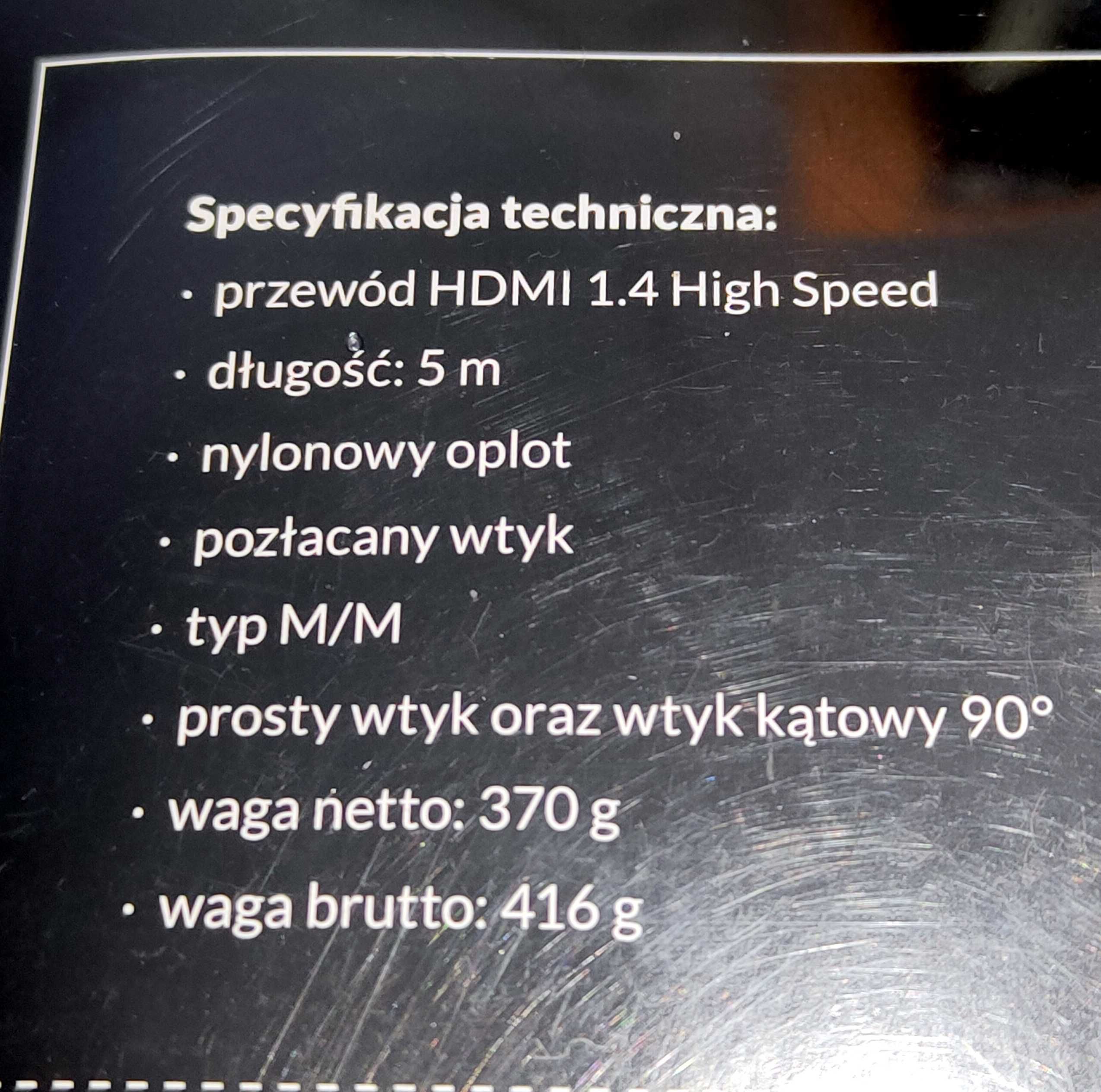 HDMI kabel przewód 2 wtyki 1 kątowy NOWY 5 metrów