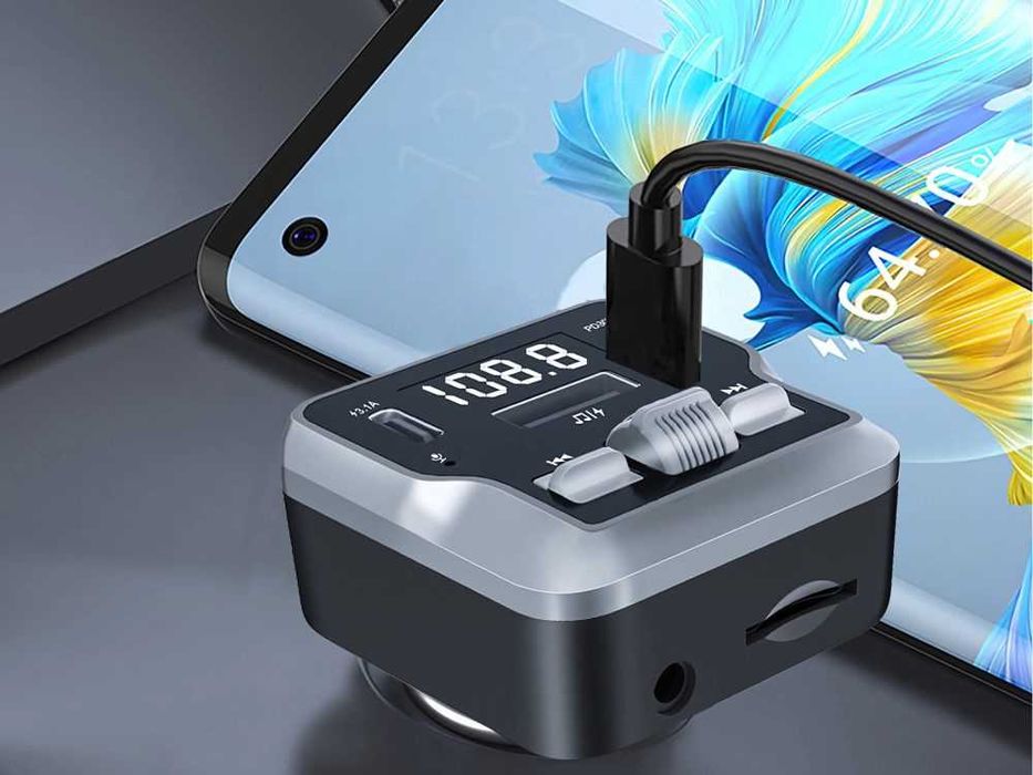 Transmiter samochodowy fm mp3  2x usb-c bluetooth 5.3 12v karta sd