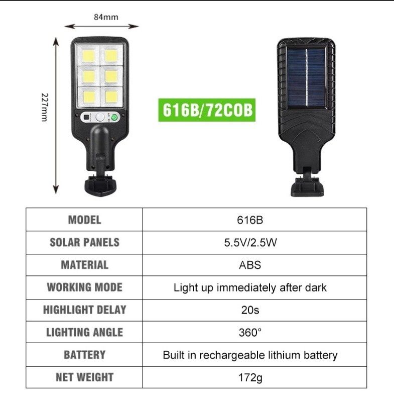 Luz Led com Sensor Movimento Carregamento Painel Solar