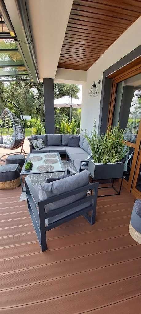 Nowoczesne, aluminiowe meble do ogrodu- narożnik+ fotel+ ława
