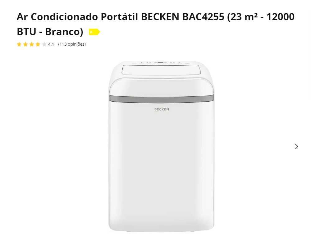 Ar Condicionado Portátil BECKEN BAC4255 (23 m² - 12000 BTU - Branco)