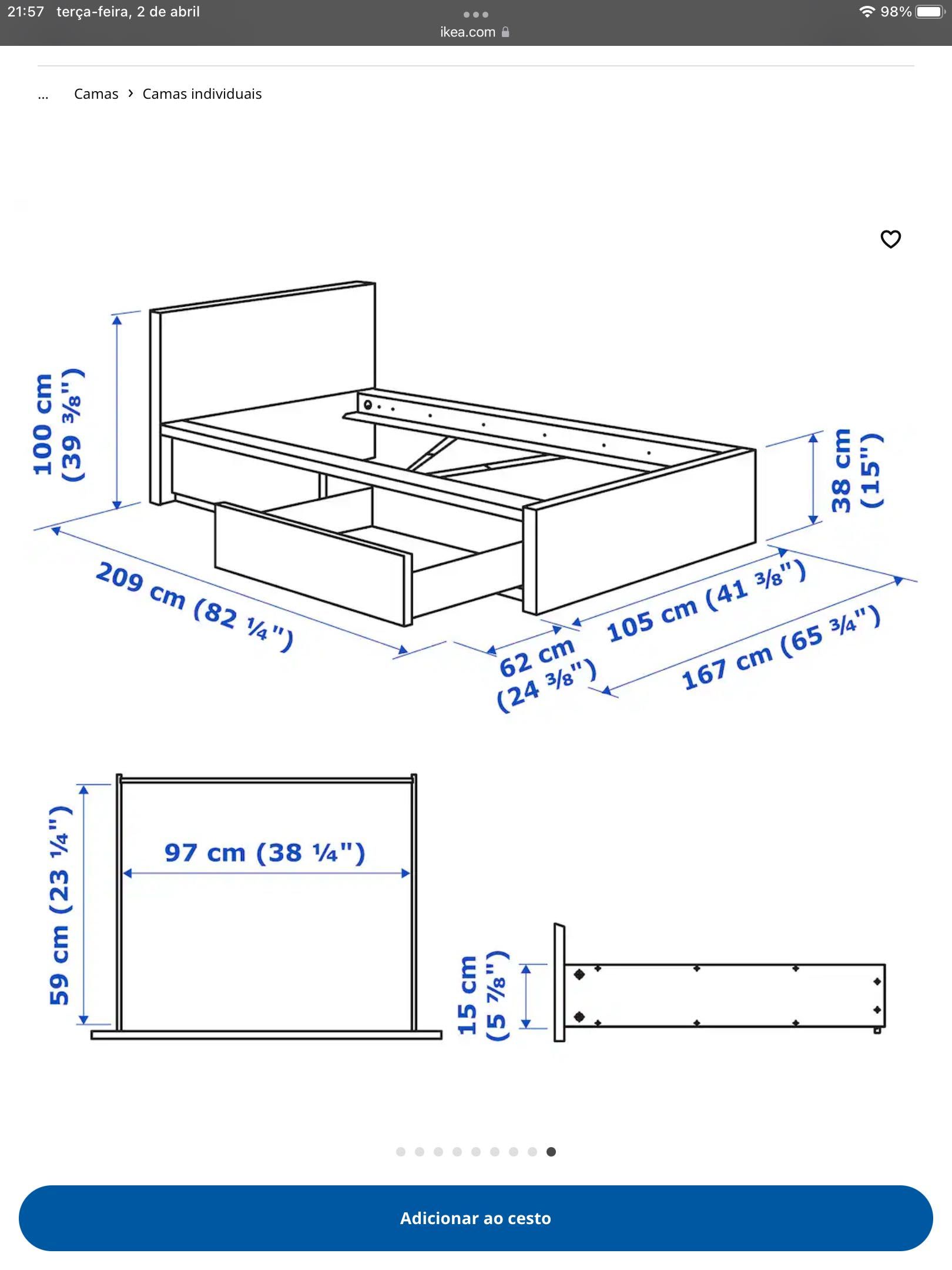 Cama, roupeiro e cómoda quarto de solteiro