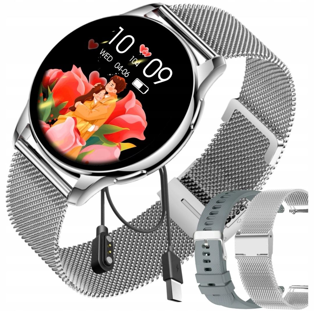 Damski SMARTWATCH Zegarek Funkcja Rozmowy Srebrny Okrągły Polskie Menu
