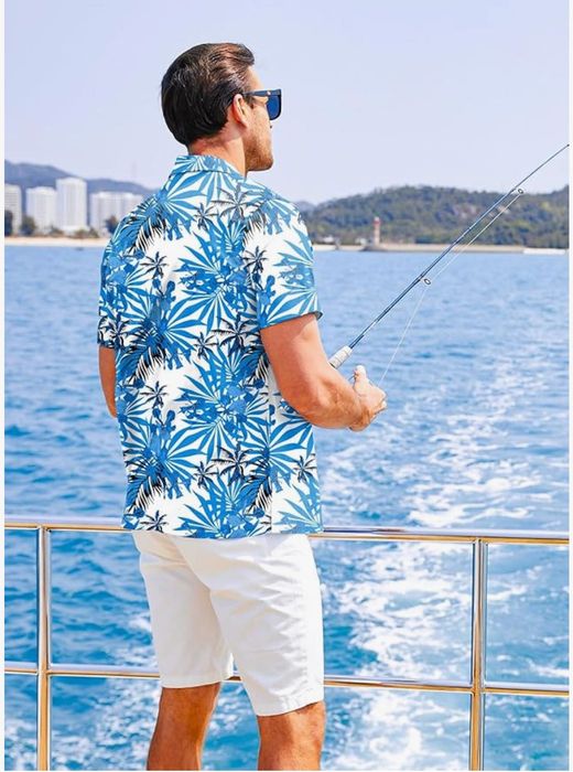 Męska koszula hawajska, biało niebieska, rozmiar L, MEILICLOTH