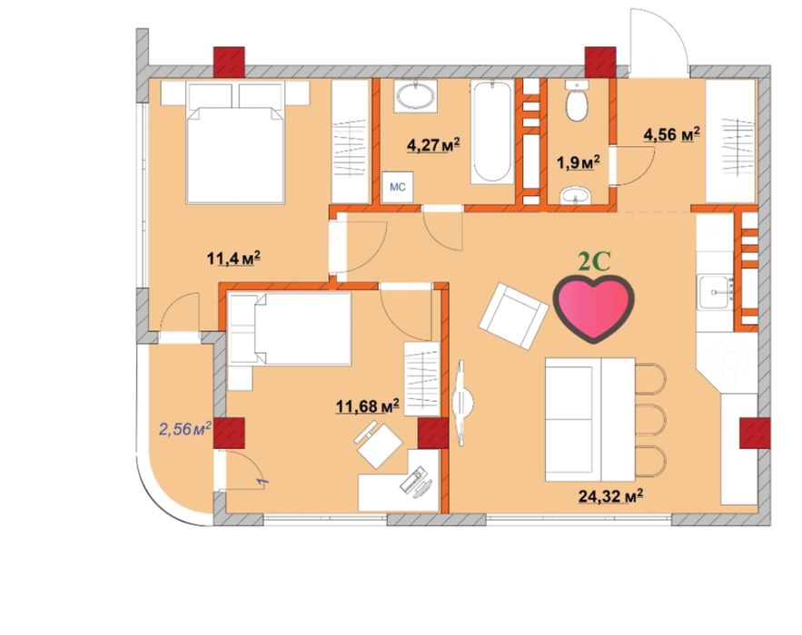 Центр. 2-х кімнатна квартира з частковим ремонтом та закупленими матер