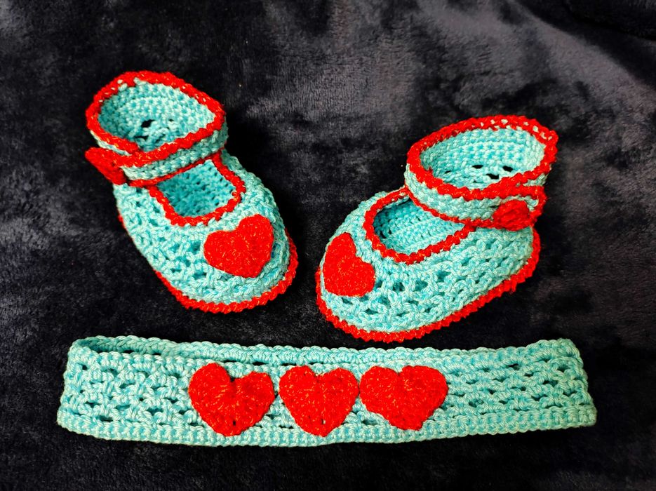 Ажурні вязані пінетки і пов’язка для немовляти, 9-10 см