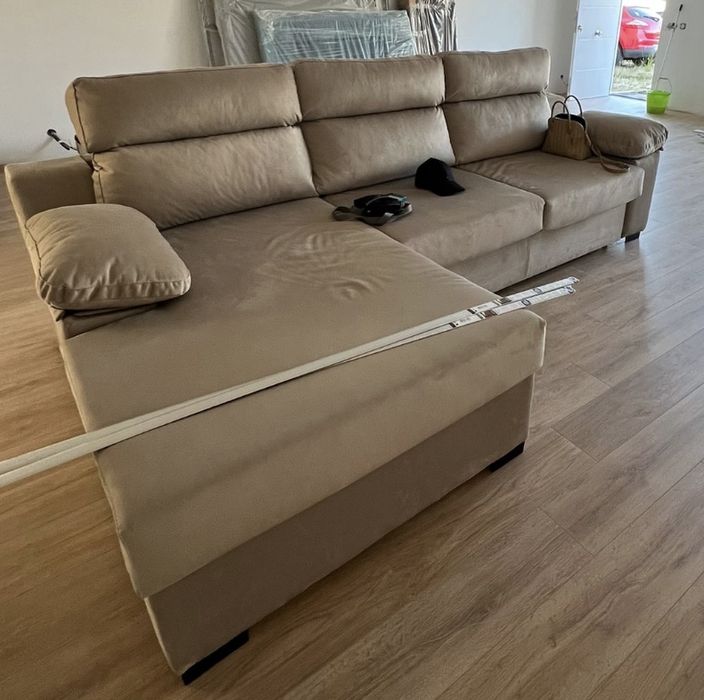 Sofa Chaise Longue - Bege 3 lugares