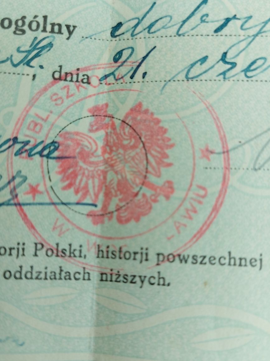 Kolekcja stare przedwojenne świadectwo szkolne Wodzisław