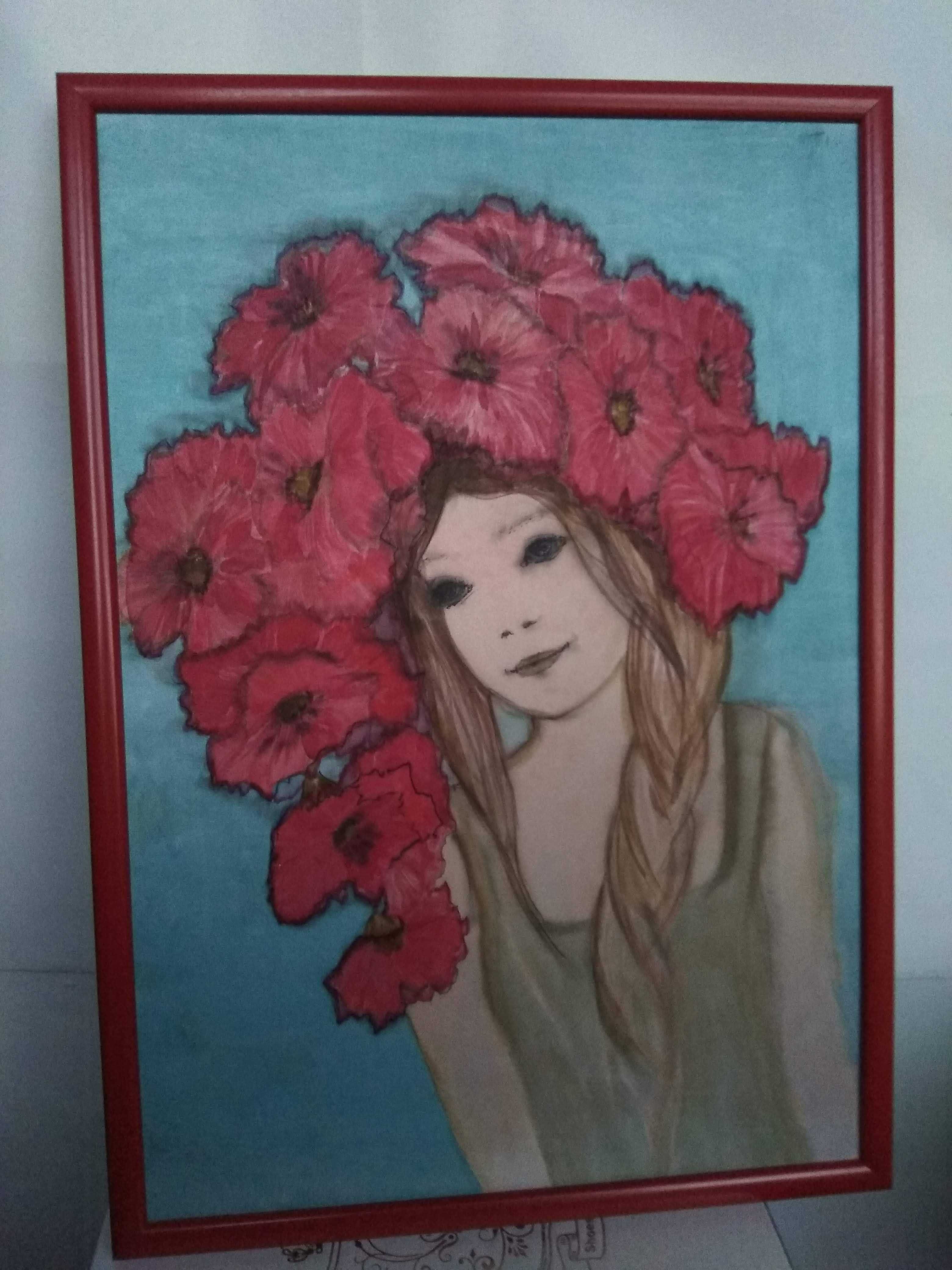 Картина Девушка с косой и с венком из красных маков 52 х 37 см