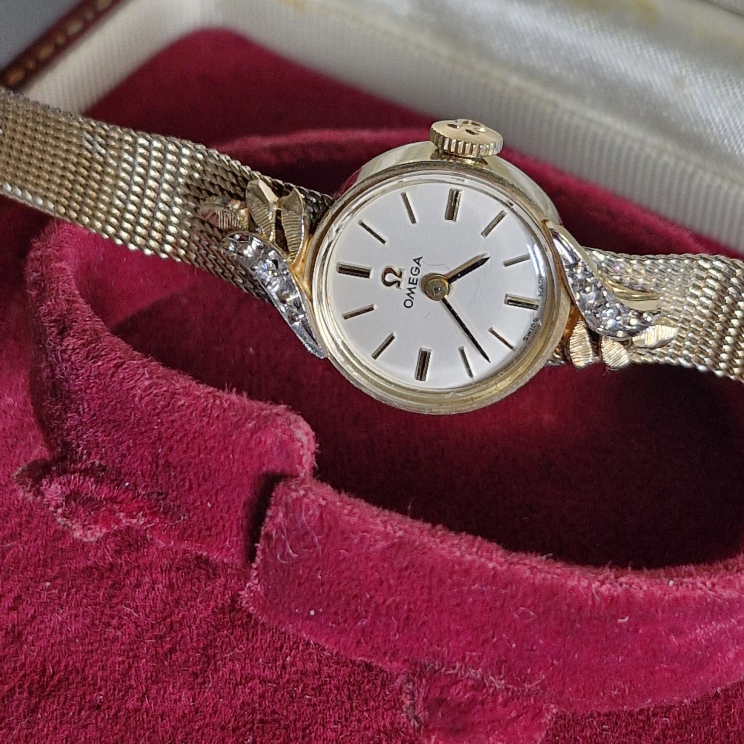 Retro złoty 14k zegarek damski Omega diamenty bransoletka 18 cm