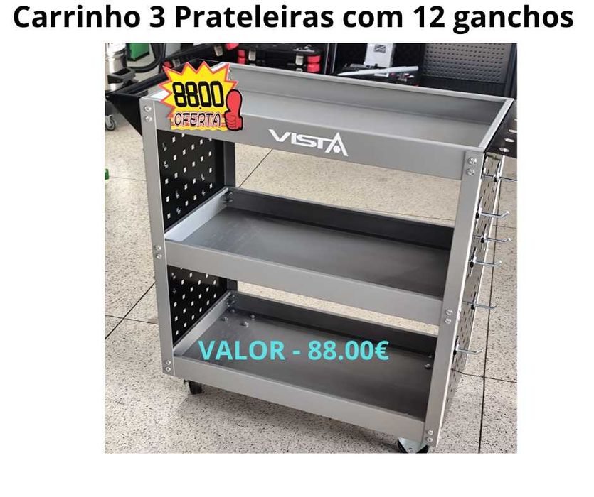 Carrinho de 3 prateleiras de oficina c/ 12 ganchos
