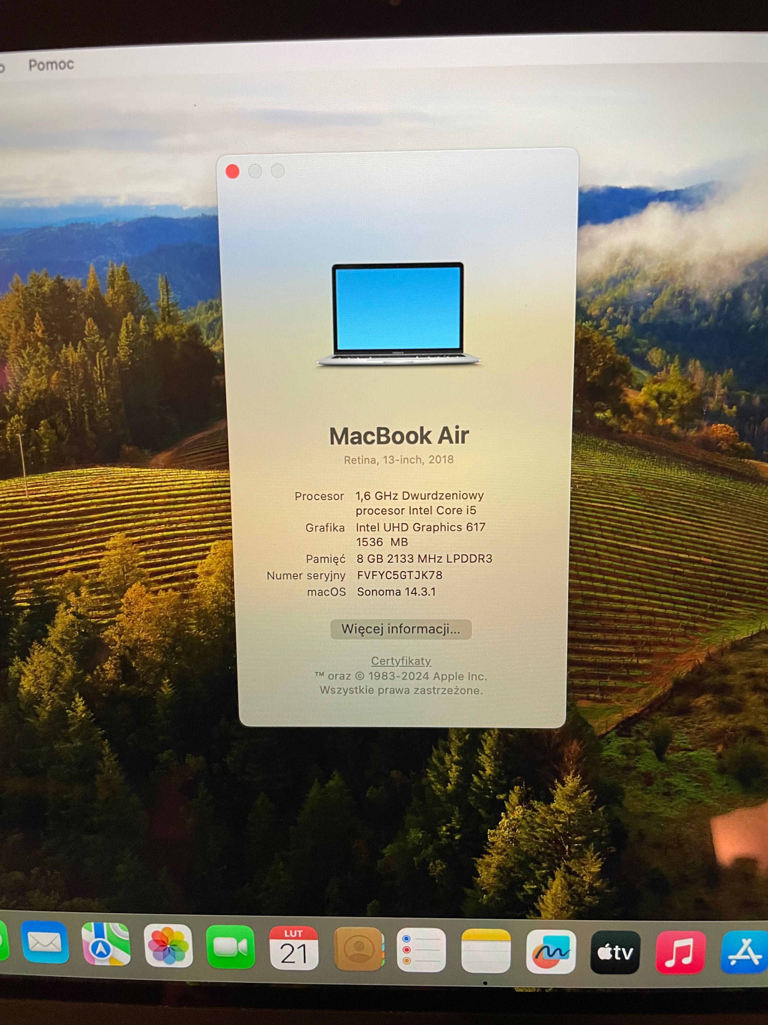 MacBook Air (Retina, 13-inch,2018) A1932, 8 RAM, 256 dysk