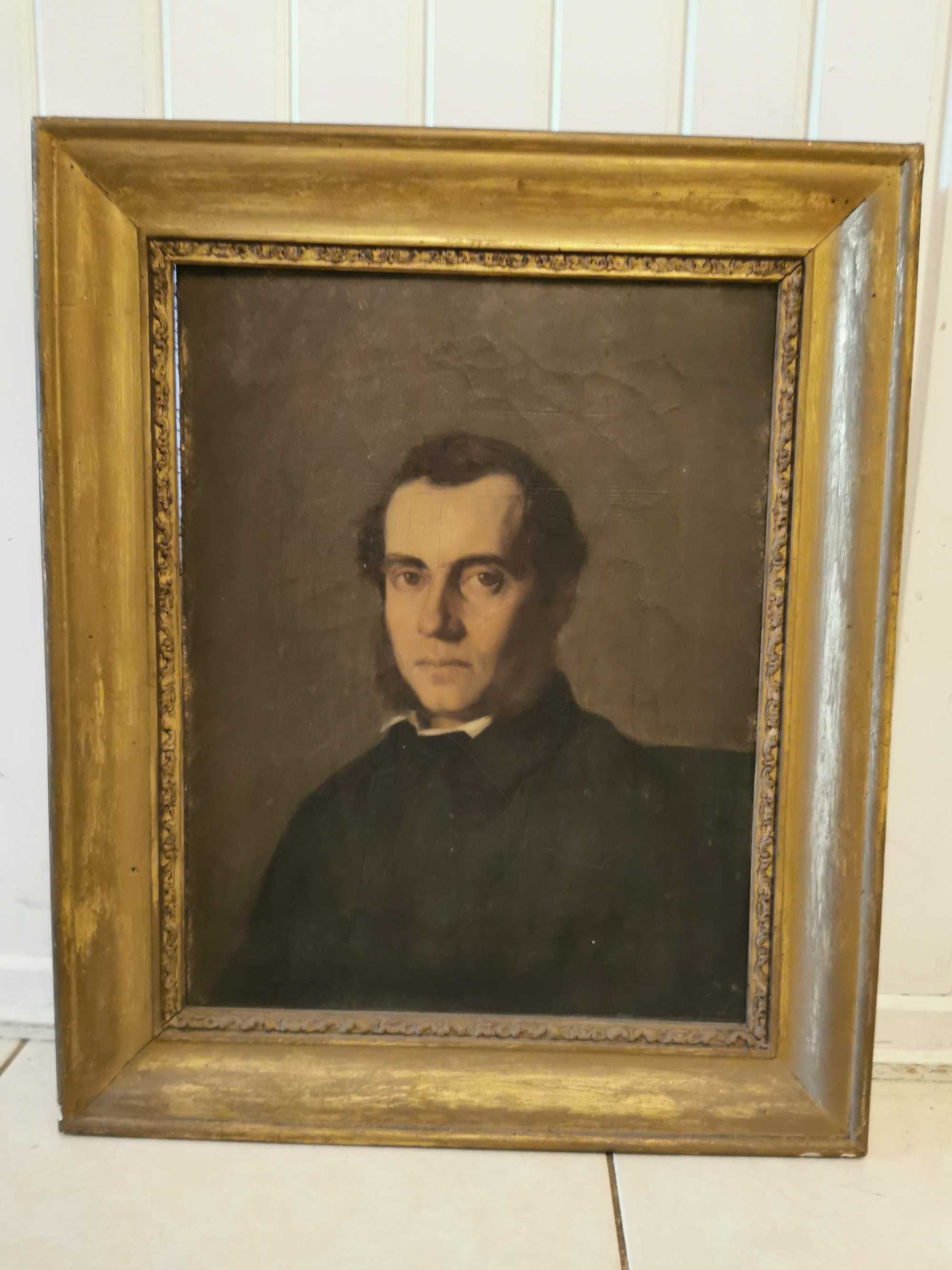 Zabytkowy portret mężczyzny XIX w. około 1850 w oryginalnej ramie