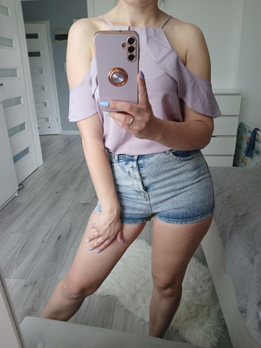 Liliowa bluzka odkryte ramiona new look