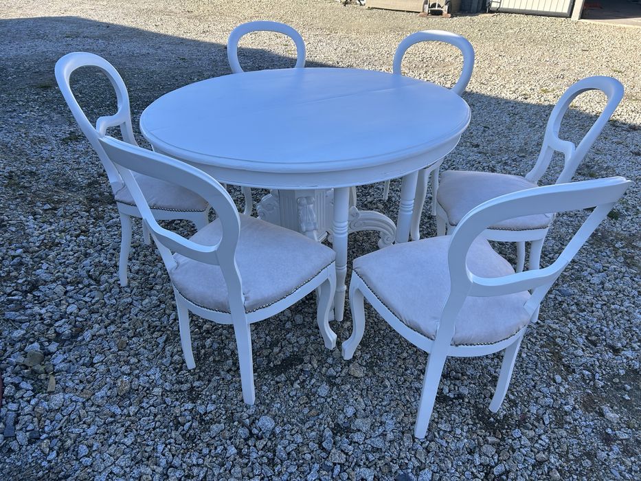 Stylowy stol rozkladany bialy z krzeslami