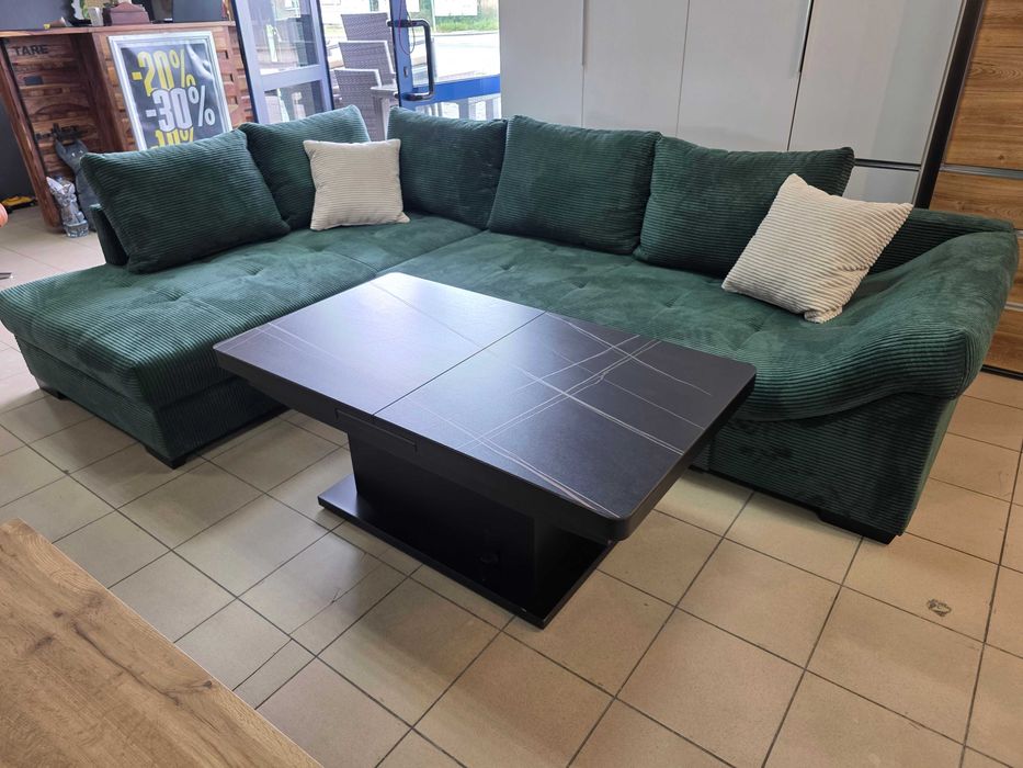 Sofa narożna narożnik sztruks ciemny zielony f. spania rozkładana