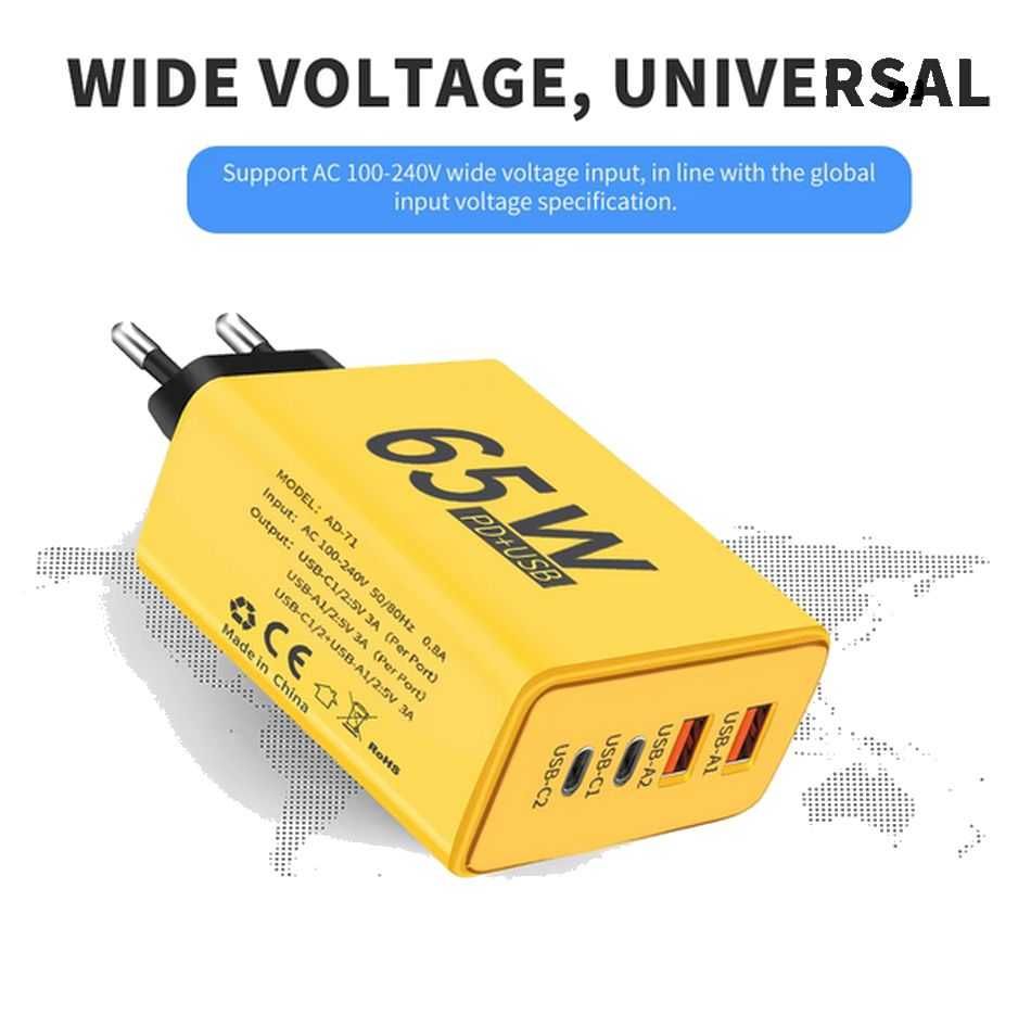 Ładowarka sieciowa USB: 2x USB C i 2x USB A 65W żółta