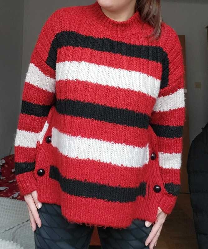 Gruby dzianinowy damski sweter zimowy w paski