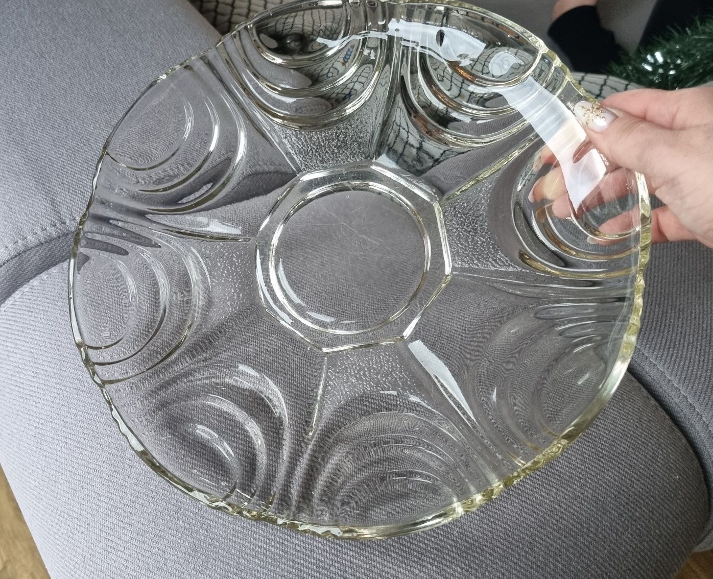 Patera duży talerz na ciasto Hortensja Art Deco 27 cm grube szkło