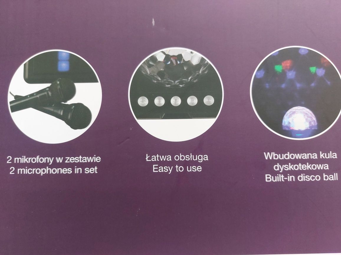 Nowy! Głośnik karaoke z 2 mikrofonami, kula Disco