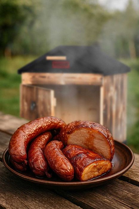 Wędzarnia Ogrodowa Domowa Drewniana Zestaw Palenisko Met. Dach Wędzok