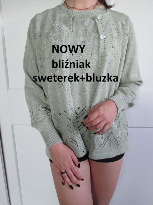 Nowy biźniak sweter i bluzka dzianinowy ażurowy wyszywany koraliki M L