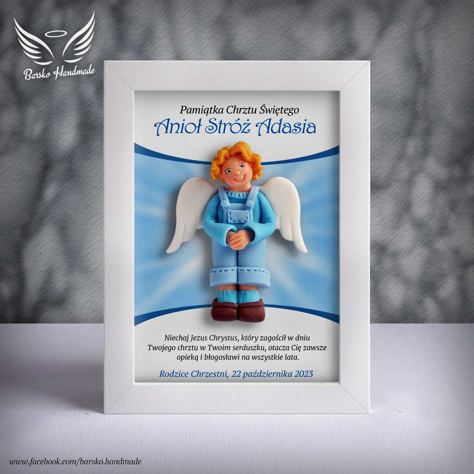 Anioł Stróż z porcelany w ramce 15x21 jako Pamiątka Chrztu Świętego