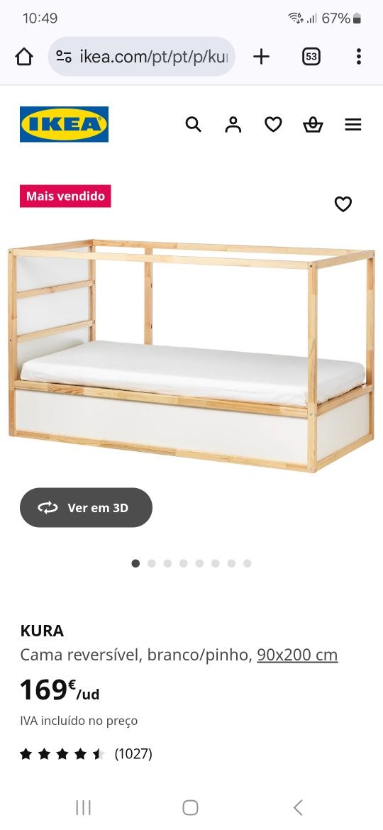 Cama criança KURA com dossel rosa ou verde
Cama reversível, branco/pin