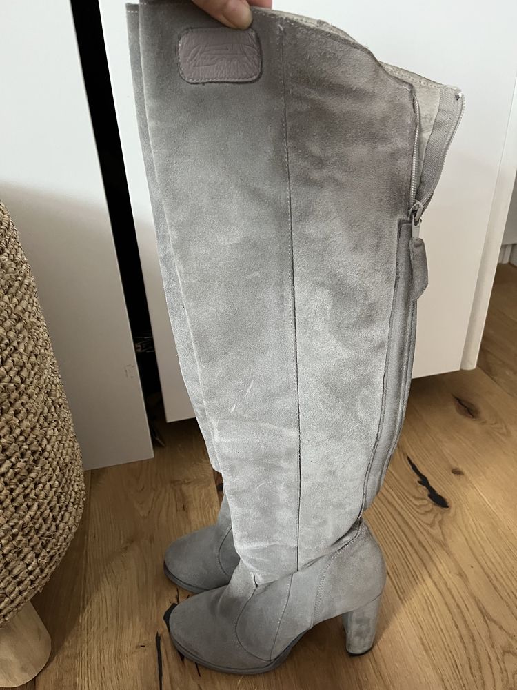 Buty kozaki zamszowe skórzane na słupku obcasie szare Beyco Pisarek 38