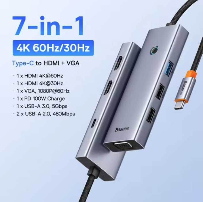 Хаб/док стація Baseus usb hub 7 в 1 - 2 HDMI 4K 60Hz /VGA/PD/USB