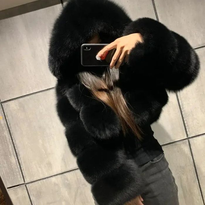 Kontantto futro kurtka czarne kaptur lis xs-6xl
