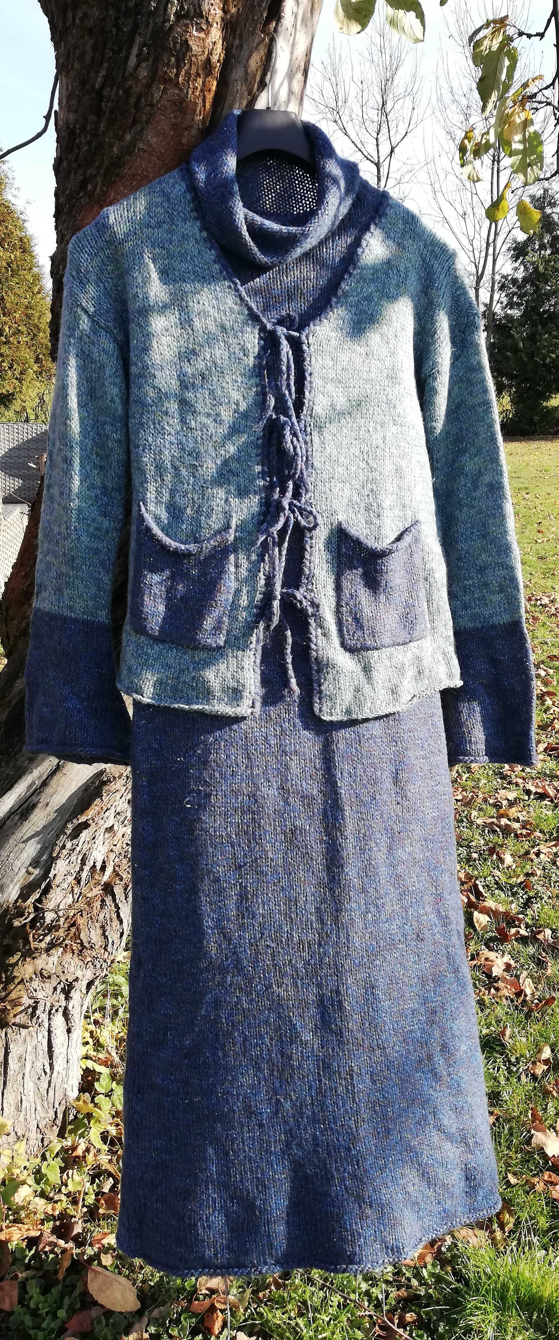 bliźniak sukienka niebieska wykonana ręcznie Kotas L/XL 40/42 wełna