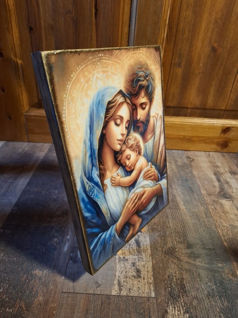 Obrazek na drewnie ręcznie zdobiony Rękodzieło Święta Rodzina prezent