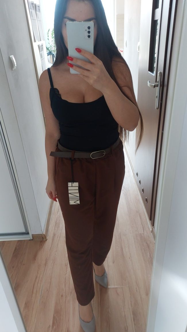Eleganckie spodnie L brąz do kostek biuro praca