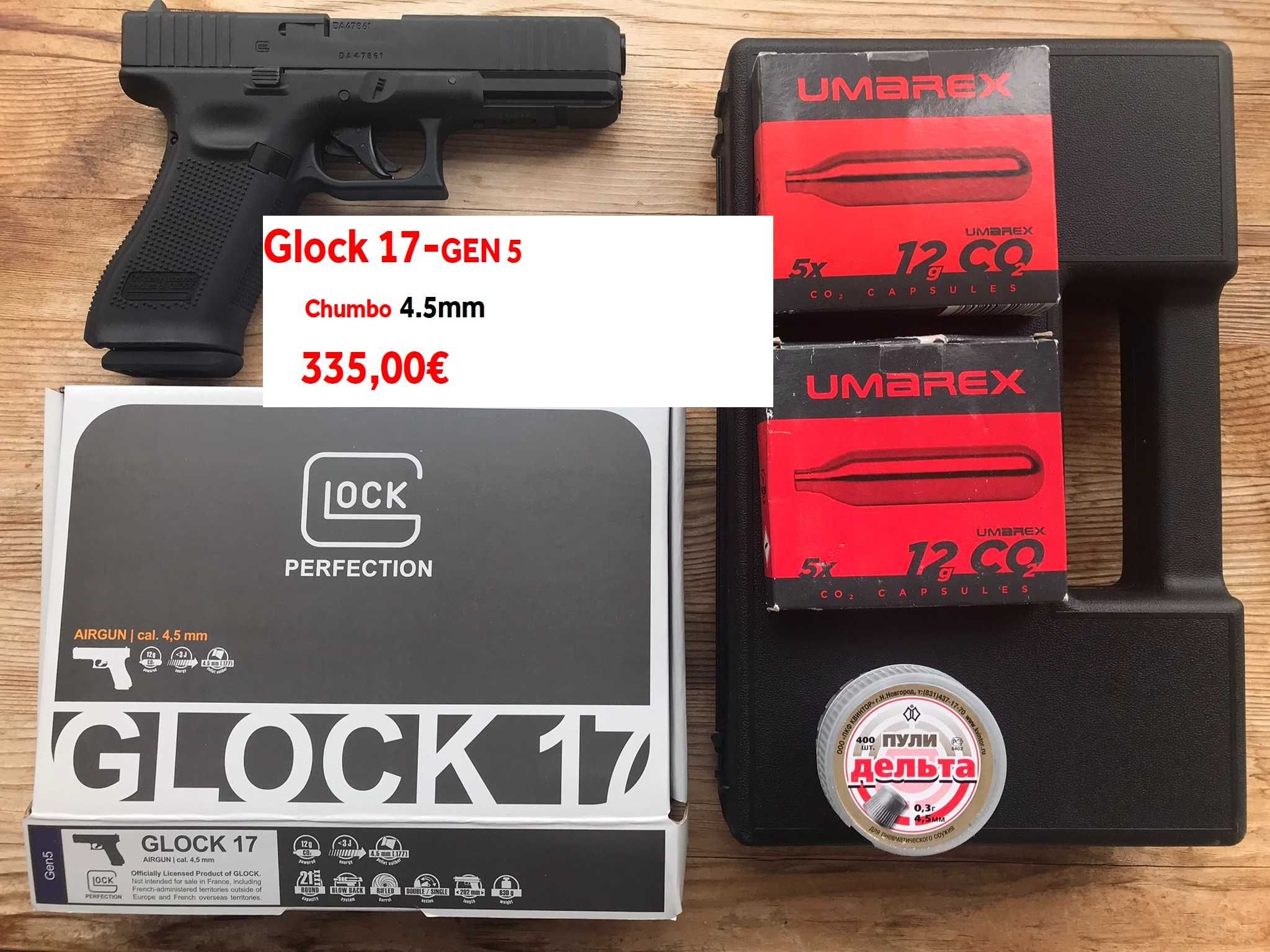 Pistola Pressão de ar (CO2) Glock 17+GEN4+GEN5 blowback de aço 4.5mm