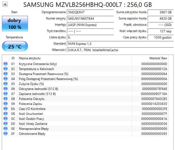 Dysk Samsung SSD 256 GB PM981a M.2 PCIe MZVLB256HBHQ-000L7 256GB 100%H