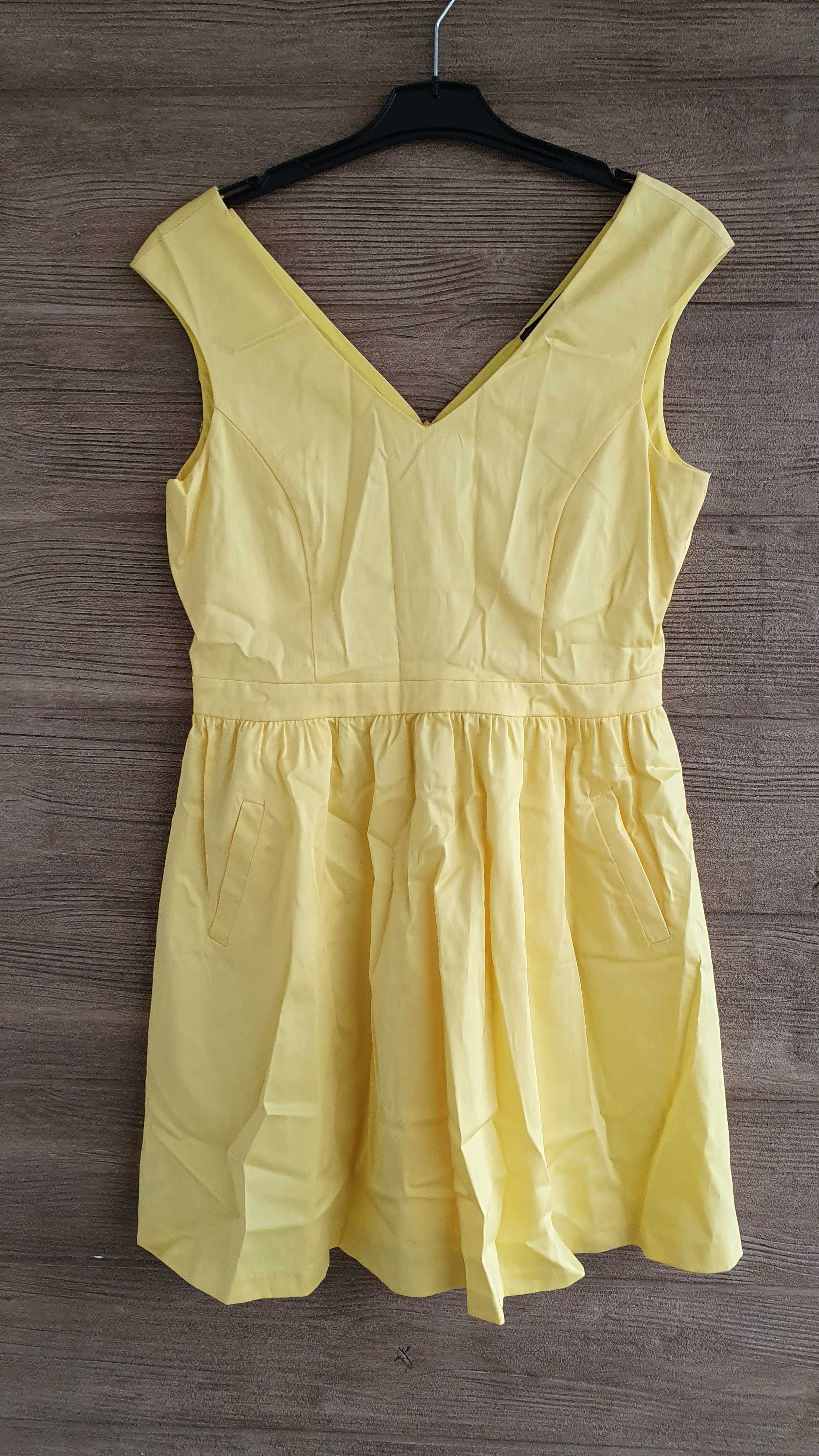 Kopertowa żółta bez rękawów sukienka letnia falbanki Zara L
