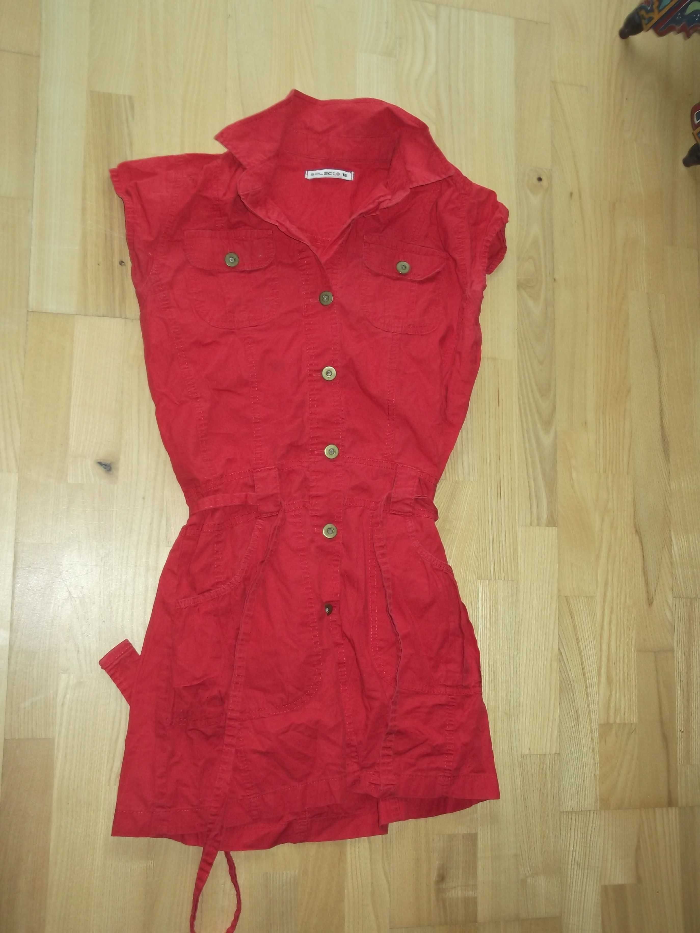 sukienka czerwona z paskiem, kieszenie, firma select