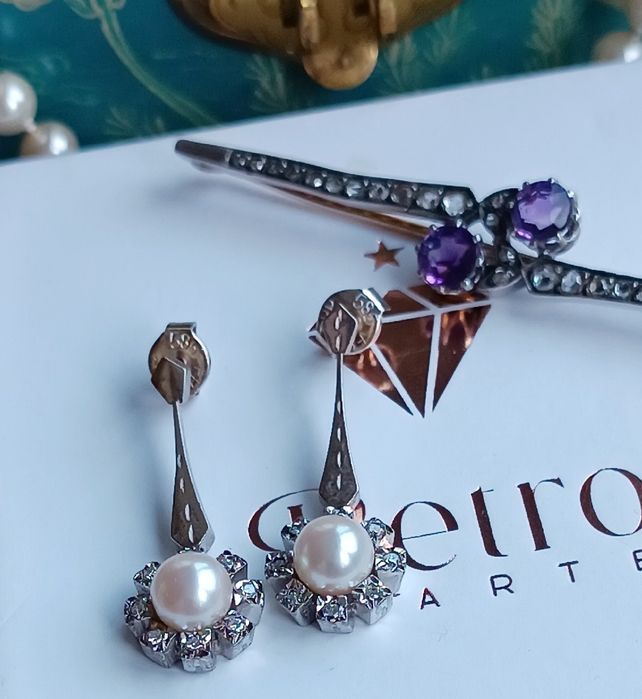 Art nouveau Francja broszka złoto 18 k srebro diamenty 0.50ct ametysty