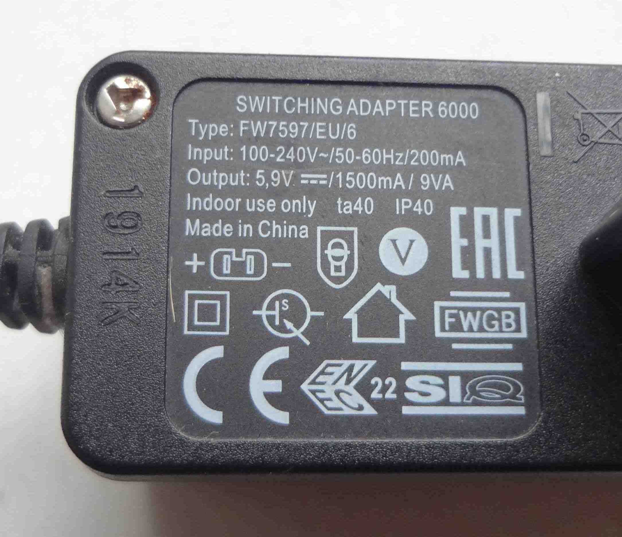 Блок питания Switching 5.9V 1500mA модель FW7597/EU/6 Сетевая зарядка