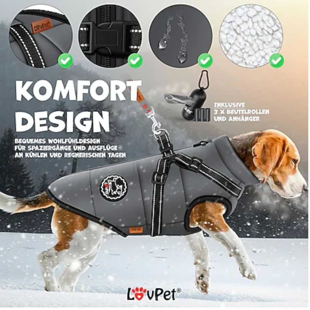 Kurtka dla psa z szelkami kamizelka zimowa worki antracyt XXL LOVPET