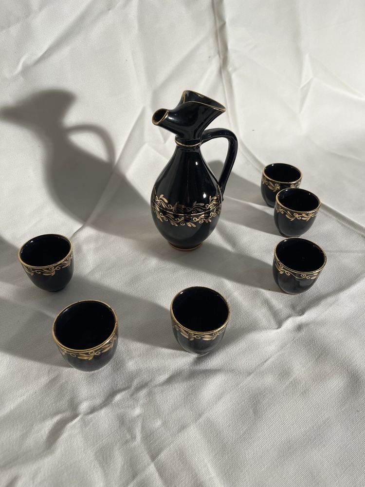 Karafka kieliszki Zestaw nalewki kobalt czarny ceramika antyk vintage