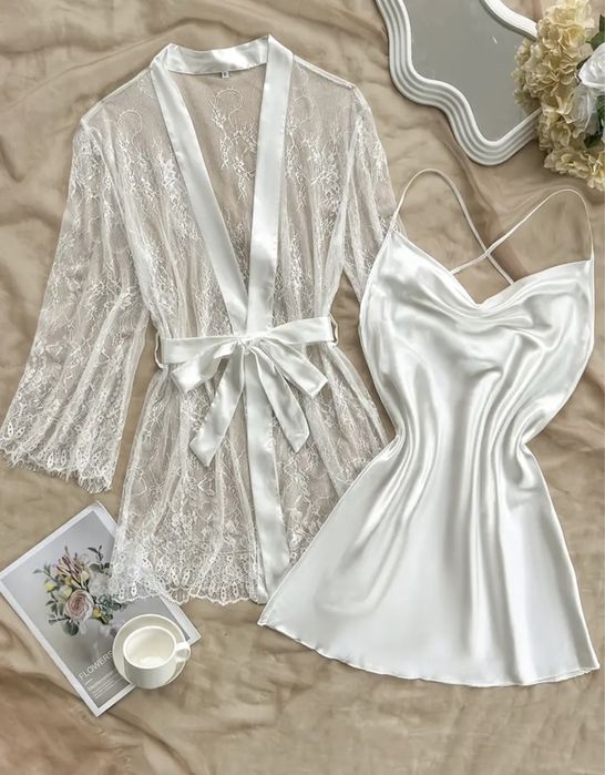 Комплект на утро невесты халат и пеньюар белый