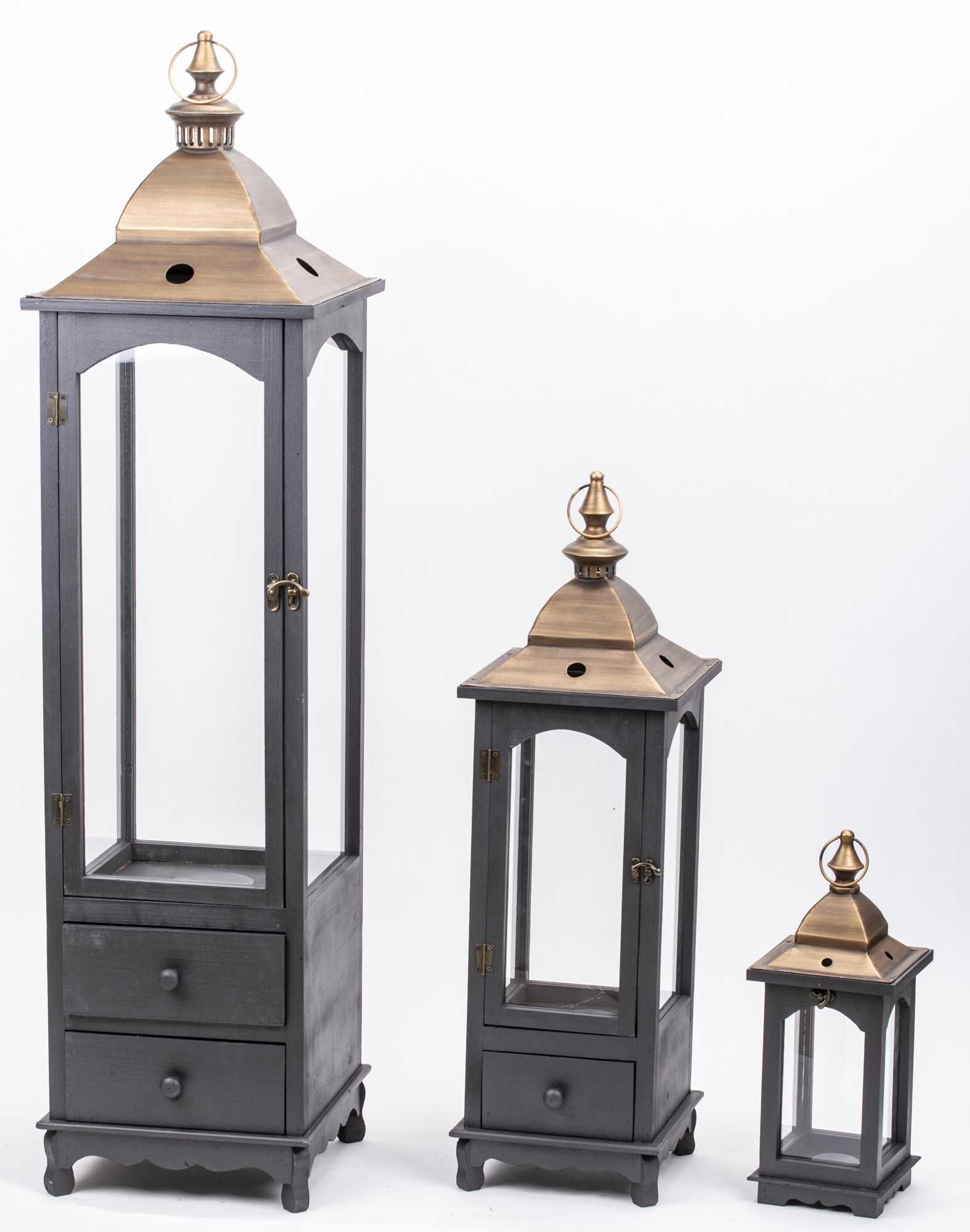 3 x Latarnia Czarny Złoty Wysoki Duży Drewniany Lampion Komplet 140173
