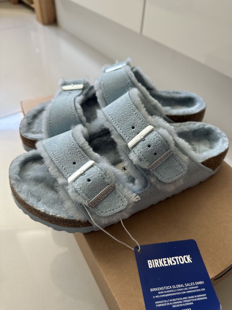 Klapki Birkenstock Arizona r.42 niebieskie nowe z metką skóra jagnięca